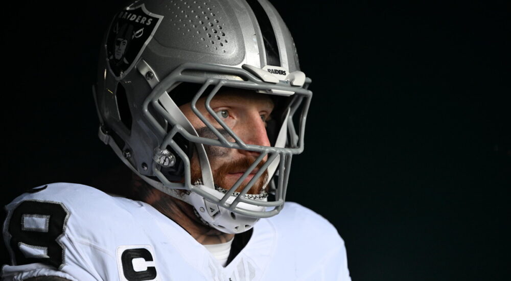 Las Vegas Raiders defensive end Maxx Crosby stands in the tunnel in his helmet before facing the Philadelphia Eagles.