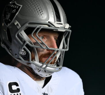 Las Vegas Raiders defensive end Maxx Crosby stands in the tunnel in his helmet before facing the Philadelphia Eagles.