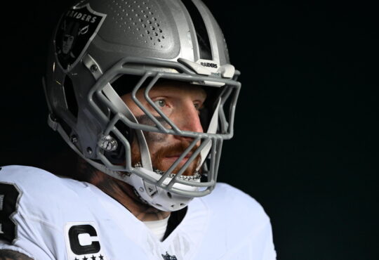 Las Vegas Raiders defensive end Maxx Crosby stands in the tunnel in his helmet before facing the Philadelphia Eagles.