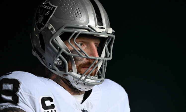 Las Vegas Raiders defensive end Maxx Crosby stands in the tunnel in his helmet before facing the Philadelphia Eagles.