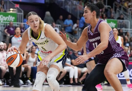 Dallas Wings guard Paige Bueckers controls the ball while Toronto Tempo guard Kia Nurse defends during the second quarter at Coca-Cola Coliseum.