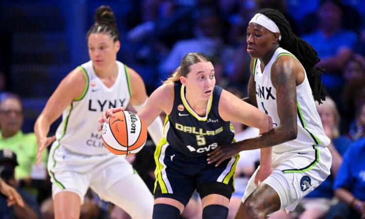 Paige Bueckers of the Dallas Wings drives to the basket against Natasha Howard of the Minnesota Lynx during their WNBA game on June 28, 2026