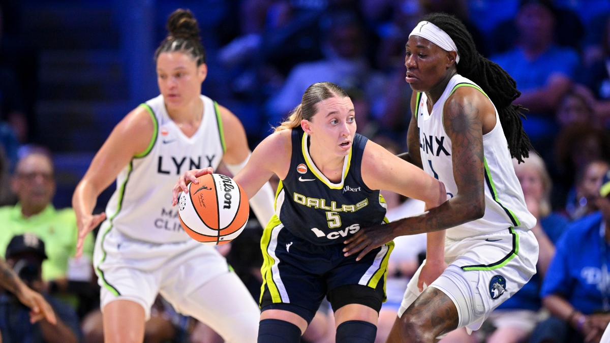 Paige Bueckers of the Dallas Wings drives to the basket against Natasha Howard of the Minnesota Lynx during their WNBA game on June 28, 2026