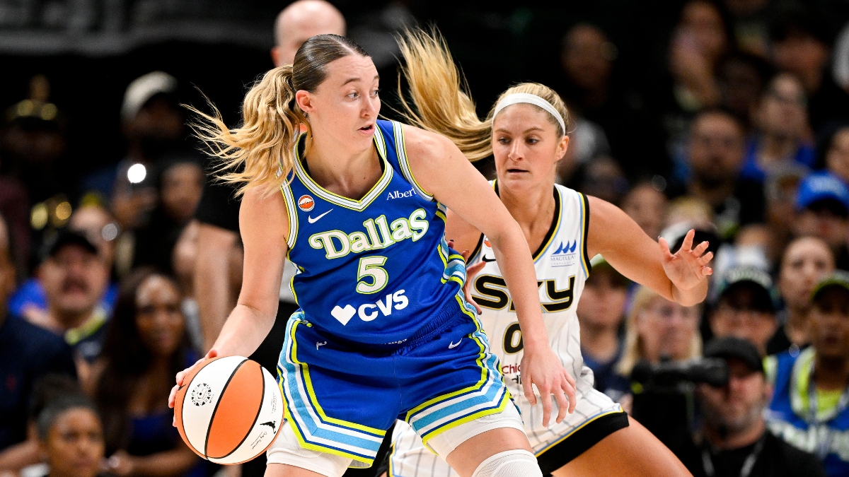 Paige Bueckers dribbles past Chicago Sky guard Jacy Sheldon during the second half at American Airlines Center on July 12, 2026