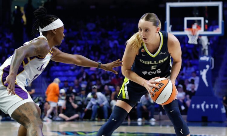 Dallas Wings guard Paige Bueckers controls the ball as Los Angeles Sparks guard Erica Wheeler defends during a game at College Park Center.