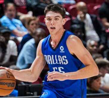 Sergio De Larrea dribbles the ball in a Dallas Mavericks Summer League jersey during a game against the Grizzlies