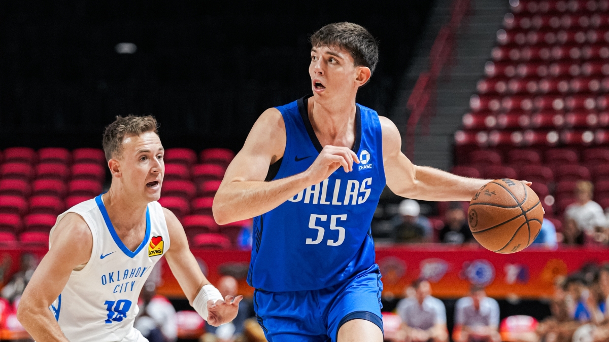 Mavericks guard Sergio De Larrea (55) dribbles past an Oklahoma City Thunder defender during a Summer League game
