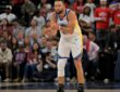 Golden State Warriors guard Stephen Curry #30 celebrates on the court against the Los Angeles Clippers during the 2026 NBA Play-In Tournament at Intuit Dome.