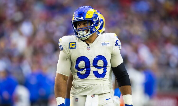Los Angeles Rams defensive tackle Aaron Donald looks toward the sideline between plays against the Arizona Cardinals.