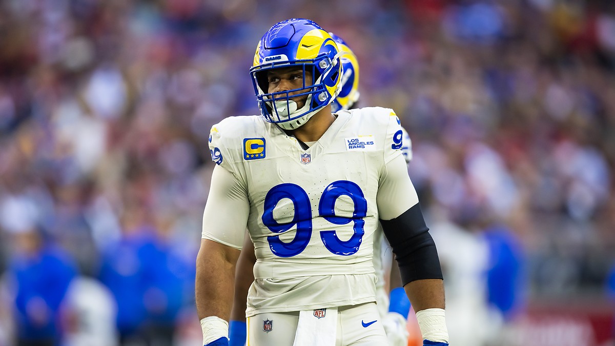 Los Angeles Rams defensive tackle Aaron Donald looks toward the sideline between plays against the Arizona Cardinals.