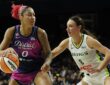 Dallas Wings forward Alanna Smith defends as Washington Mystics center Shakira Austin drives with the ball.