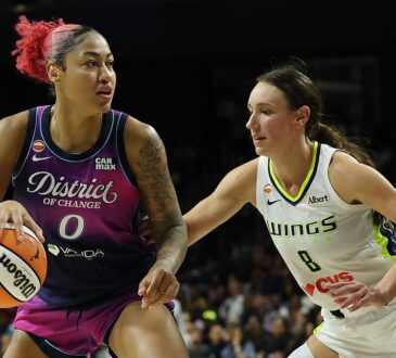 Dallas Wings forward Alanna Smith defends as Washington Mystics center Shakira Austin drives with the ball.
