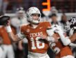 Texas Longhorns quarterback Arch Manning cocks his arm to throw with a Texas A&M rush closing behind him.