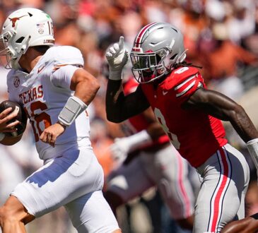 Ohio State linebacker Arvell Reese chases Texas quarterback Arch Manning as he scrambles with the ball.