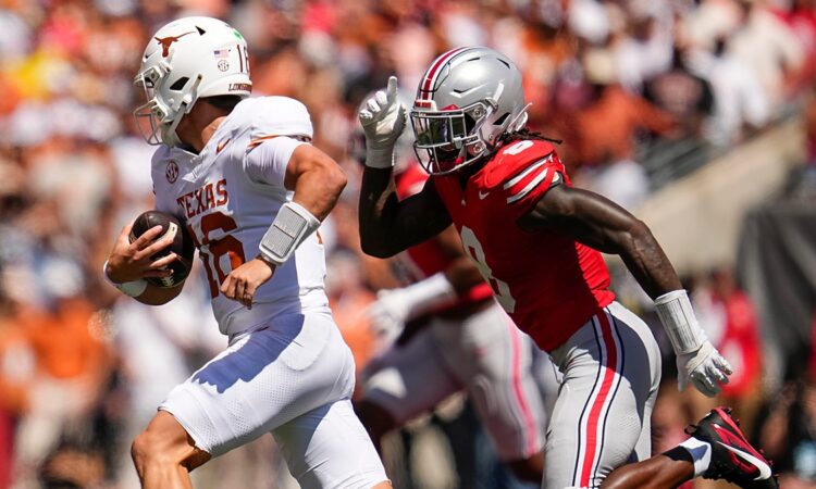 Ohio State linebacker Arvell Reese chases Texas quarterback Arch Manning as he scrambles with the ball.