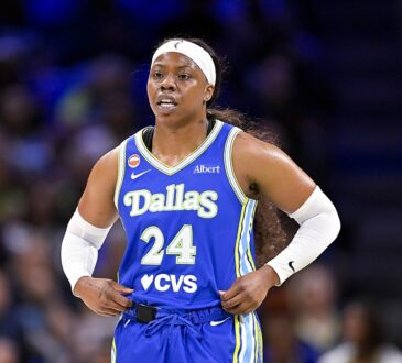 Dallas Wings guard Arike Ogunbowale stands with her hands on her hips during a stoppage against the Las Vegas Aces.