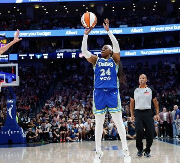 Alt Text: Dallas Wings guard Arike Ogunbowale rises for a jump shot as Indiana Fever guard Lexie Hull closes out.