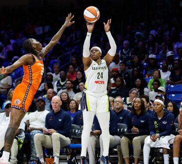 Dallas Wings guard Arike Ogunbowale rises for a three-point shot over a Connecticut Sun defender.