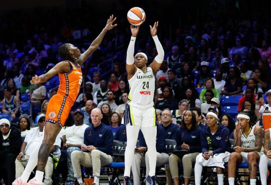 Dallas Wings guard Arike Ogunbowale rises for a three-point shot over a Connecticut Sun defender.