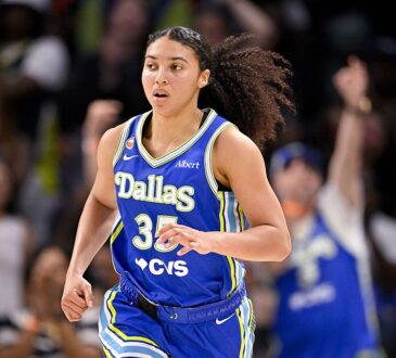 Dallas Wings guard Azzi Fudd runs up the floor in a blue No. 35 Dallas jersey.