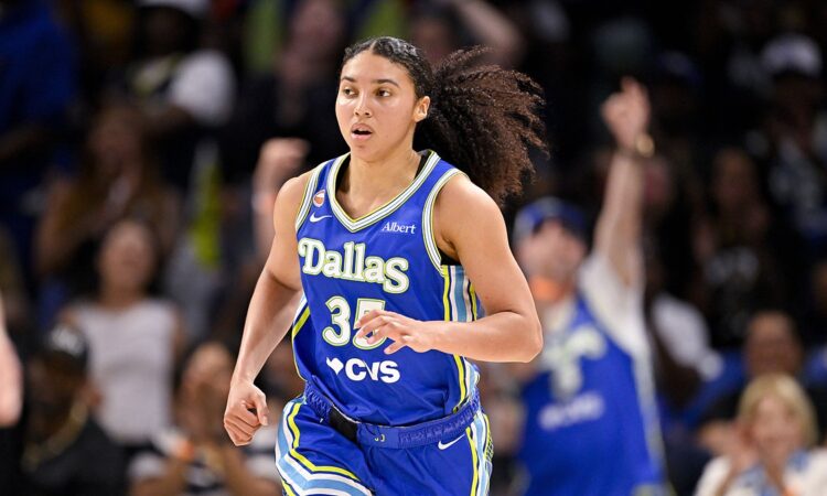 Dallas Wings guard Azzi Fudd runs up the floor in a blue No. 35 Dallas jersey.