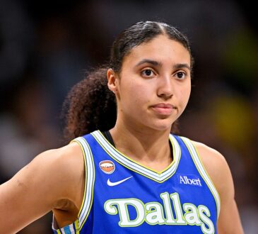 Dallas Wings guard Azzi Fudd stands with a hand on her hip in a blue Dallas jersey, looking toward the court.