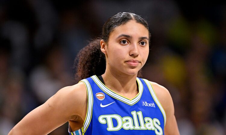 Dallas Wings guard Azzi Fudd stands with a hand on her hip in a blue Dallas jersey, looking toward the court.
