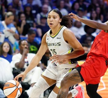 Dallas Wings guard Azzi Fudd drives to the basket on the dribble as Atlanta Dream guard Jaylyn Sherrod defends.