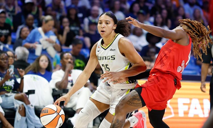 Dallas Wings guard Azzi Fudd drives to the basket on the dribble as Atlanta Dream guard Jaylyn Sherrod defends.