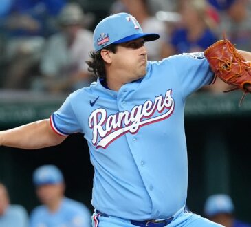 Texas Rangers pitcher Cal Quantrill winds up to deliver in a powder blue jersey at Globe Life Field.