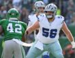 Dallas Cowboys center Cooper Beebe blocks Philadelphia Eagles linebacker Oren Burks in pass protection.