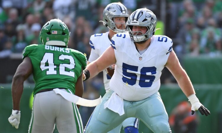 Dallas Cowboys center Cooper Beebe blocks Philadelphia Eagles linebacker Oren Burks in pass protection.