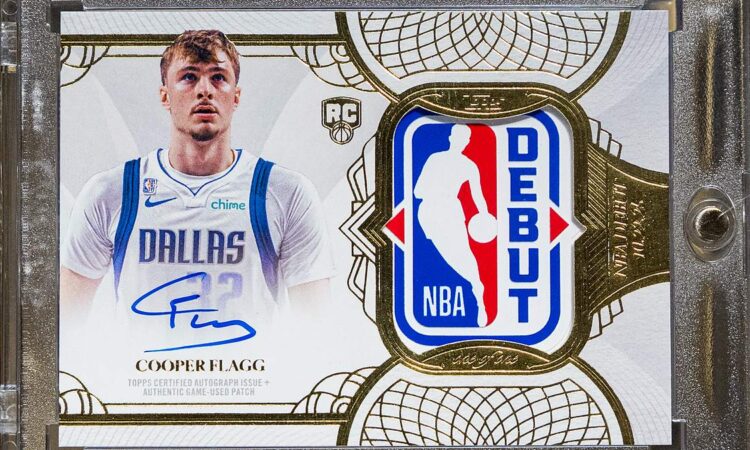 A one-of-one Topps Cooper Flagg Rookie Debut Patch Autograph card in a protective case, showing his signature and an NBA debut jersey patch.