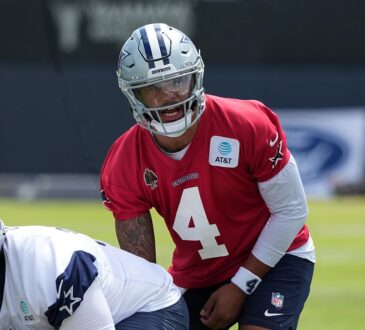 Dallas Cowboys quarterback Dak Prescott lines up under center as Cooper Beebe prepares to snap the ball.