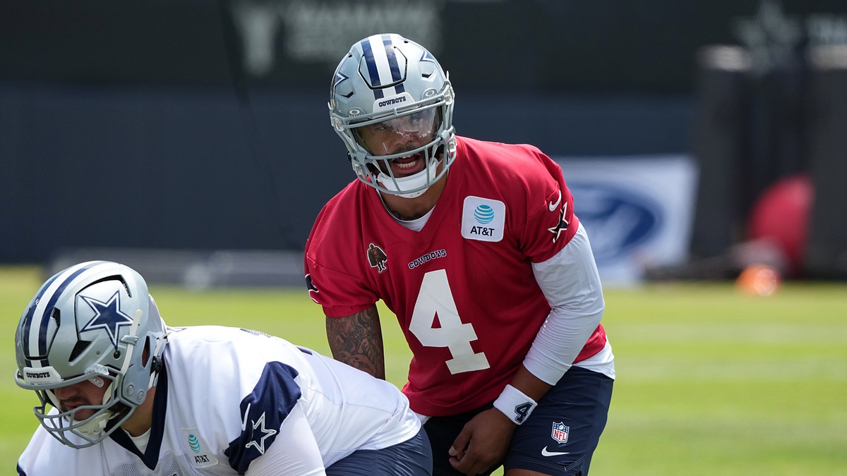 Dallas Cowboys quarterback Dak Prescott lines up under center as Cooper Beebe prepares to snap the ball.