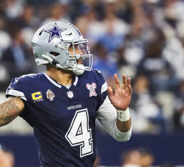 Dallas Cowboys quarterback Dak Prescott cocks the ball to throw in a navy No. 4 jersey.