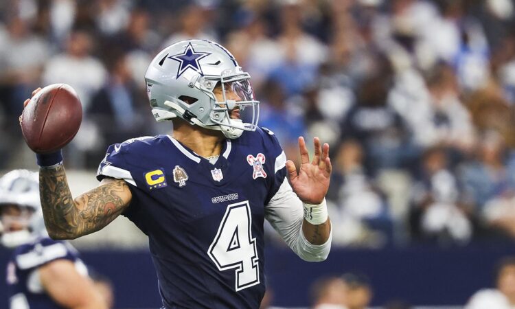 Dallas Cowboys quarterback Dak Prescott cocks the ball to throw in a navy No. 4 jersey.