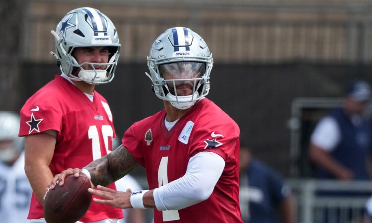 Dallas Cowboys quarterback Dak Prescott holds the football during a drill as quarterback Sam Howell looks on.