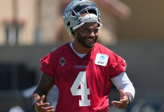 Dallas Cowboys quarterback Dak Prescott #4 takes reps during training camp practice at River Ridge Playing Fields in Oxnard.