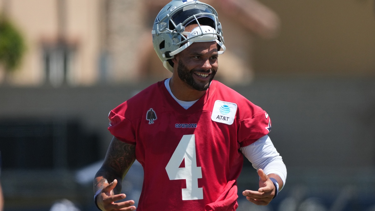 Dallas Cowboys quarterback Dak Prescott #4 takes reps during training camp practice at River Ridge Playing Fields in Oxnard.