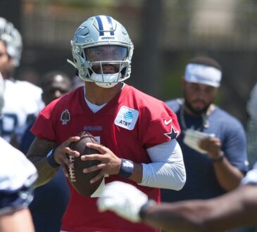Dallas Cowboys quarterback Dak Prescott drops back with the football during a training camp drill.