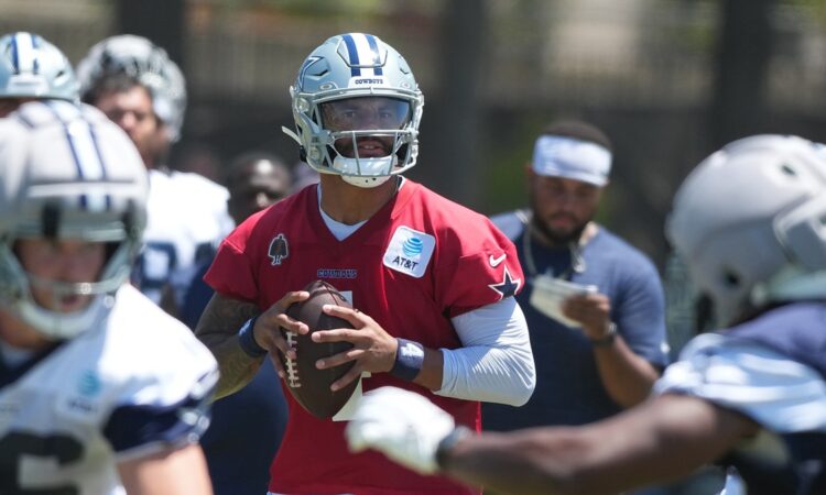Dallas Cowboys quarterback Dak Prescott drops back with the football during a training camp drill.