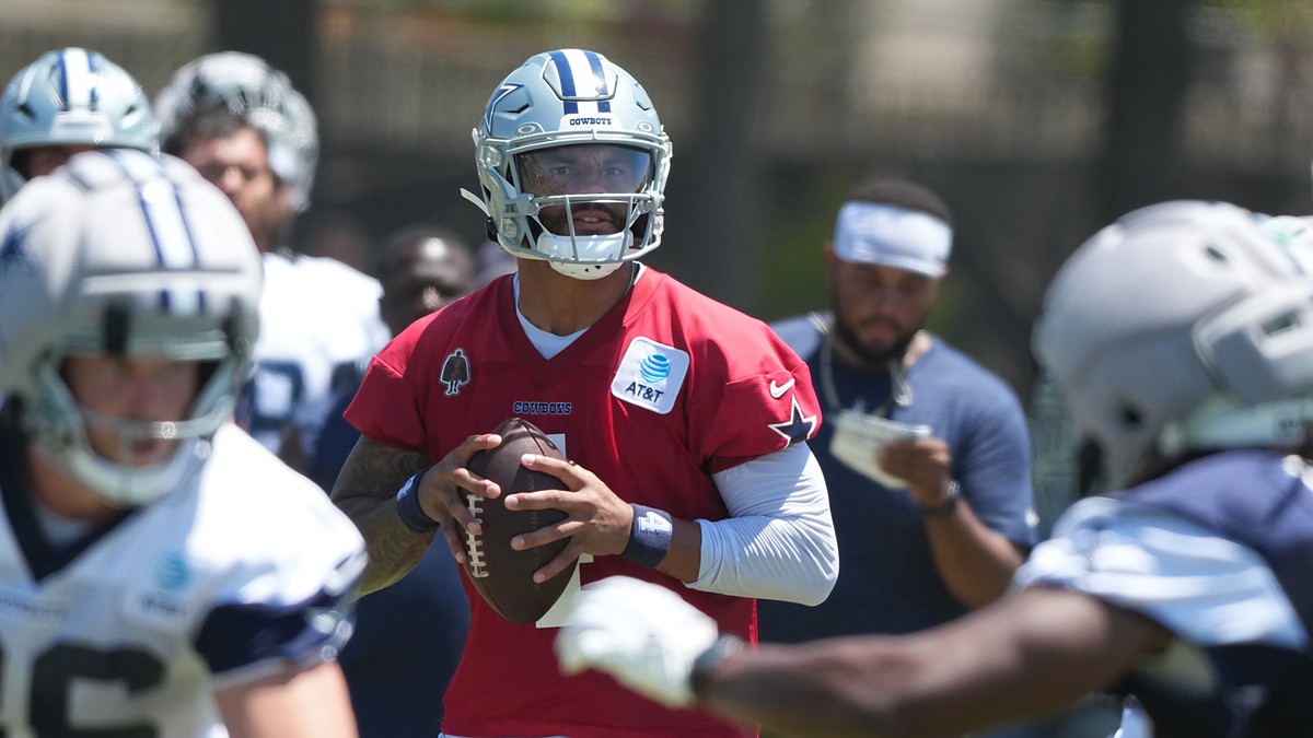 Dallas Cowboys quarterback Dak Prescott drops back with the football during a training camp drill.