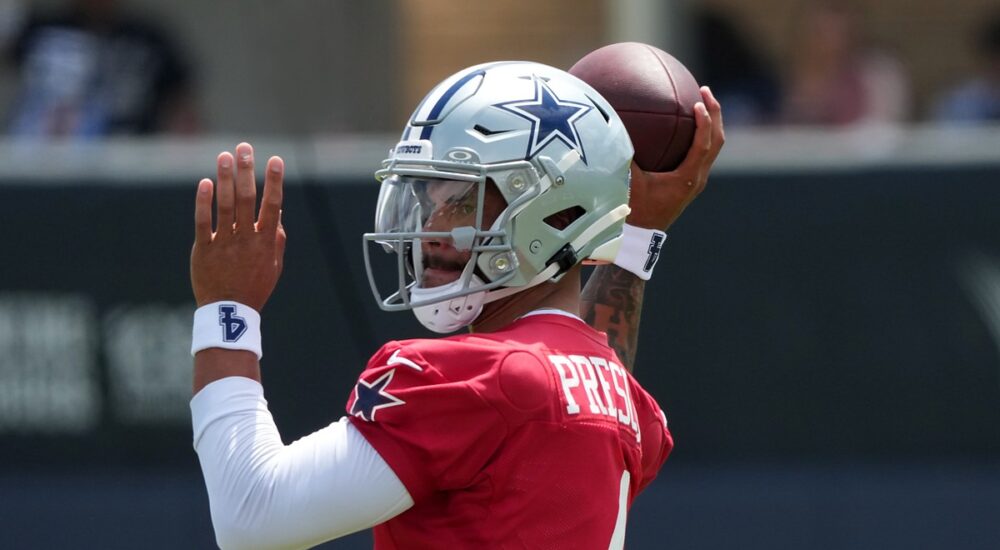 Dallas Cowboys quarterback Dak Prescott cocks the football behind his helmet in his throwing motion.