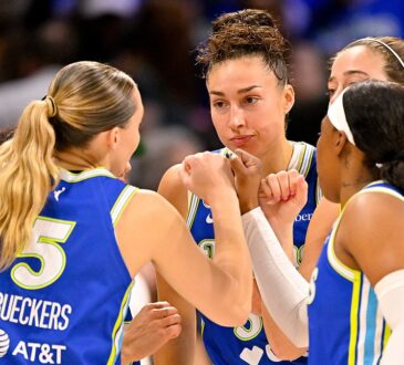 Dallas Wings guard Paige Bueckers huddles with teammates in blue uniforms at midcourt before tipoff.