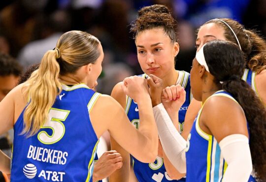 Dallas Wings guard Paige Bueckers huddles with teammates in blue uniforms at midcourt before tipoff.