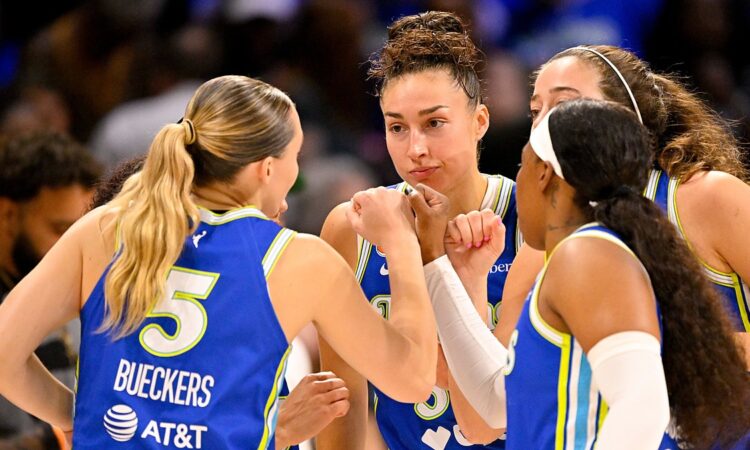 Dallas Wings guard Paige Bueckers huddles with teammates in blue uniforms at midcourt before tipoff.