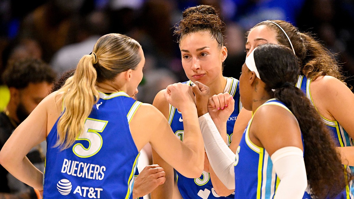 Dallas Wings guard Paige Bueckers huddles with teammates in blue uniforms at midcourt before tipoff.