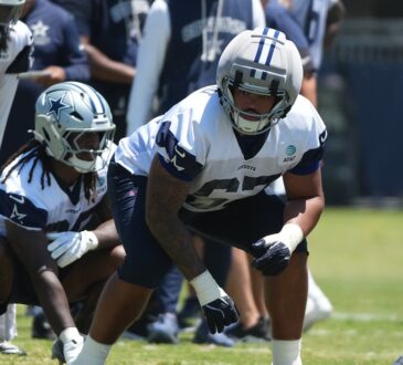 Dallas Cowboys offensive tackle Drew Shelton sets in a stance during a training camp drill.