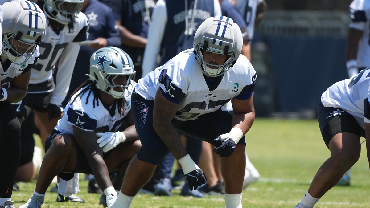 Dallas Cowboys offensive tackle Drew Shelton sets in a stance during a training camp drill.